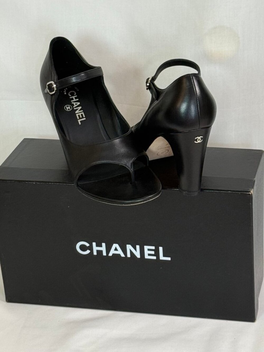 Authentic Chanel Open Toe High Heel Buckle Closure Shoes - Black -Size 40/US 9.5